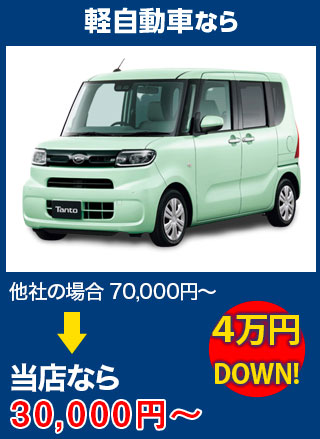 軽自動車なら、他社の場合70,000円～のところを土浦自動車ガラスなら30,000円～　5万円DOWN！